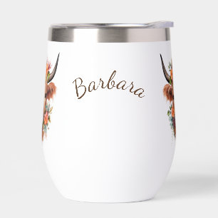 Modern Highland Cow with Cute Boho Flowers Thermal Wine Tumbler