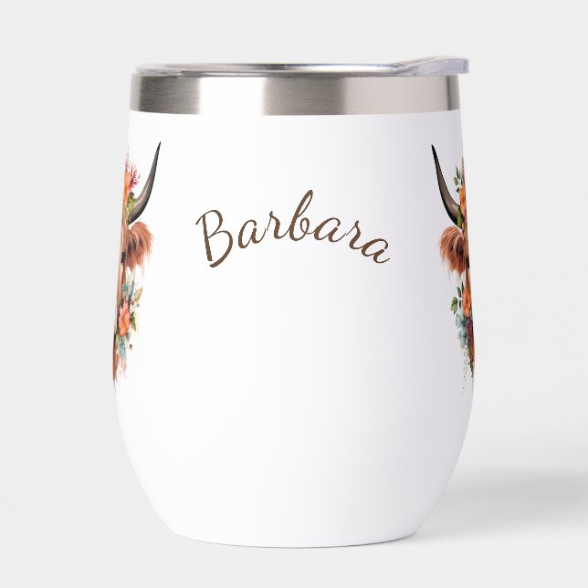 Modern Highland Cow with Cute Boho Flowers Thermal Wine Tumbler (Left)
