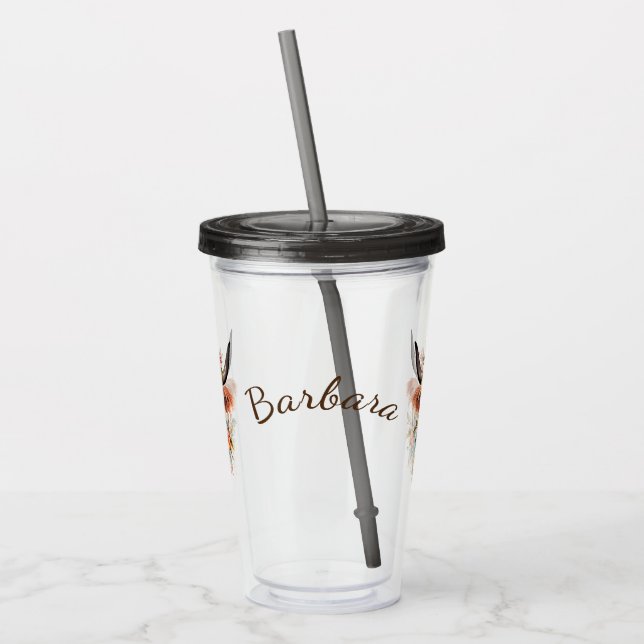 Modern Highland Cow with Flowers Acrylic Tumbler (Left)