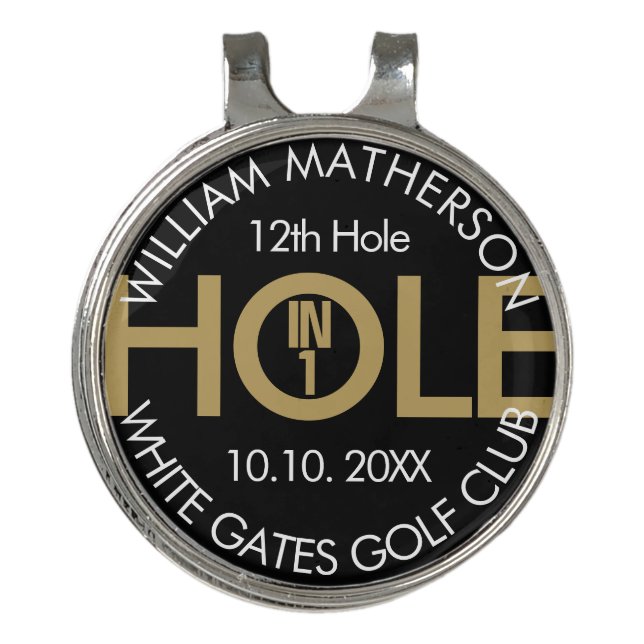 Modern Hole in One Black And Gold Golf Hat Clip (Front)