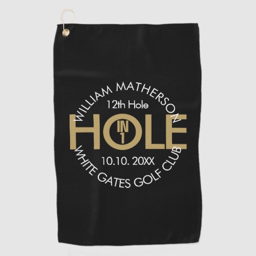 Modern Hole in One Black And Gold Golf Towel