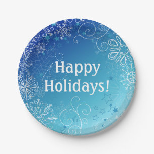 Modern Holiday Blue & White Snowflakes Paper Plates