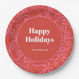 Modern Holiday Bold Red & Pink Ribbon Pattern Paper Plates