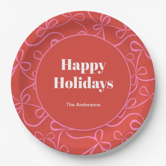 Modern Holiday Bold Red & Pink Ribbon Pattern Paper Plates (Front)