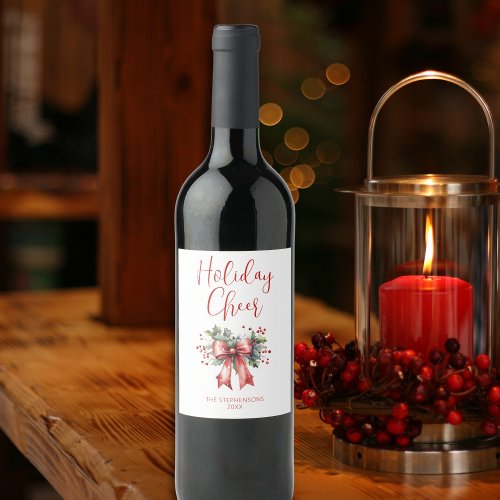 Modern Holiday Cheer Script Holly Bow Name Wine Label