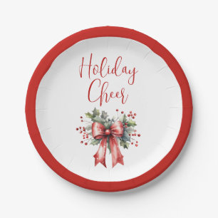 Modern Holiday Cheer Script Red Bow Holly Paper Plates