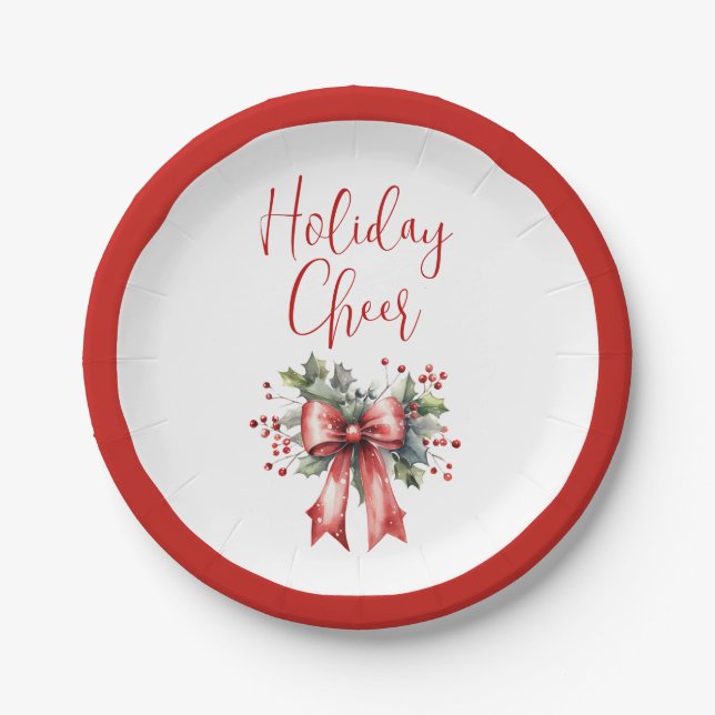 Modern Holiday Cheer Script Red Bow Holly Paper Plates (Front)