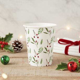 Modern Holiday Christmas Greenery Botanical Berry Paper Cups