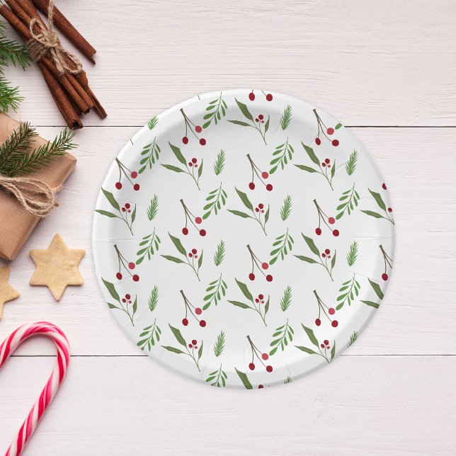 Modern Holiday Christmas Greenery Botanical Berry Paper Plates (Creator Uploaded)