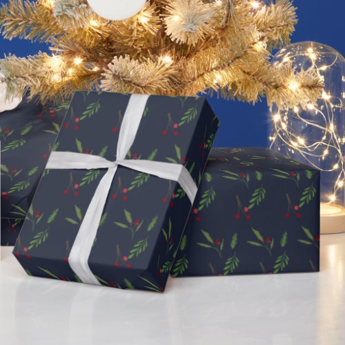 Modern Holiday Christmas Greenery Botanical Berry Wrapping Paper