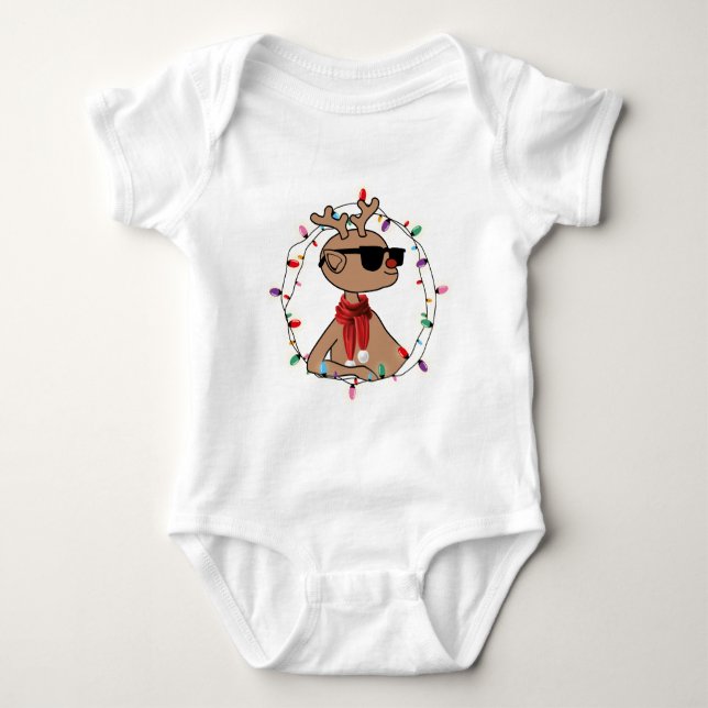 Modern Holiday Cool Reindeer Christmas Baby Bodysuit (Front)