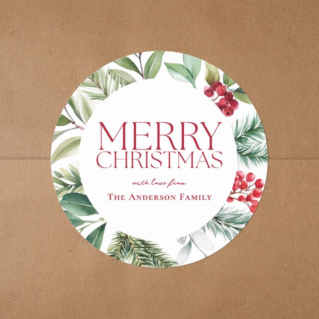 Modern Holiday Floral Merry Christmas Classic Round Sticker (Creator Uploaded)