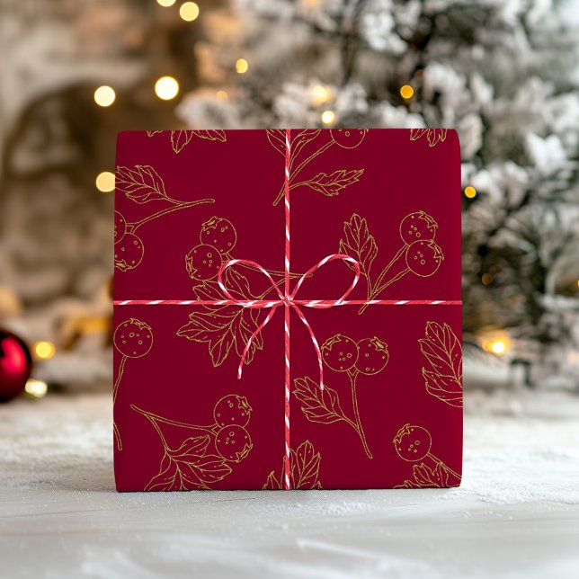 Modern Holiday Foliage Gold and Red Wrapping Paper (Creator Uploaded)