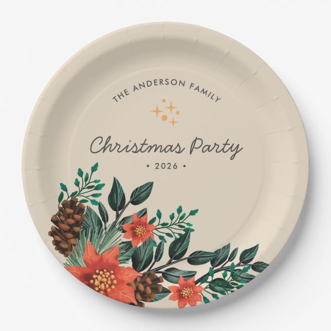 Modern Holiday Foliage Greenery Christmas Party Paper Plates (Front)