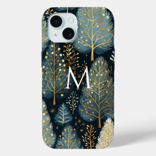 Modern Holiday Forest Monogram Christmas iPhone 15 Case
