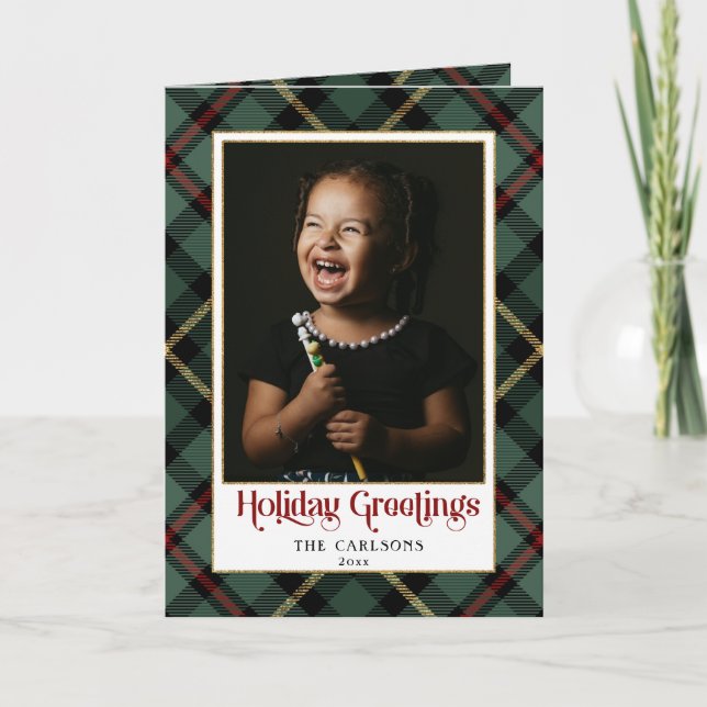 Modern Holiday Greetings Script on Plaid Photo (Front)