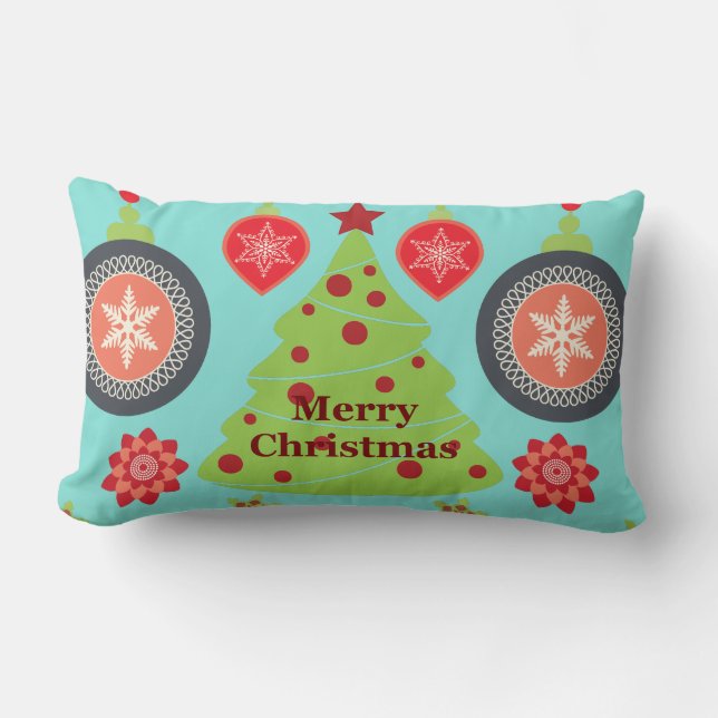 Modern Holiday Merry Christmas Tree Snowflakes Lumbar Pillow (Front)