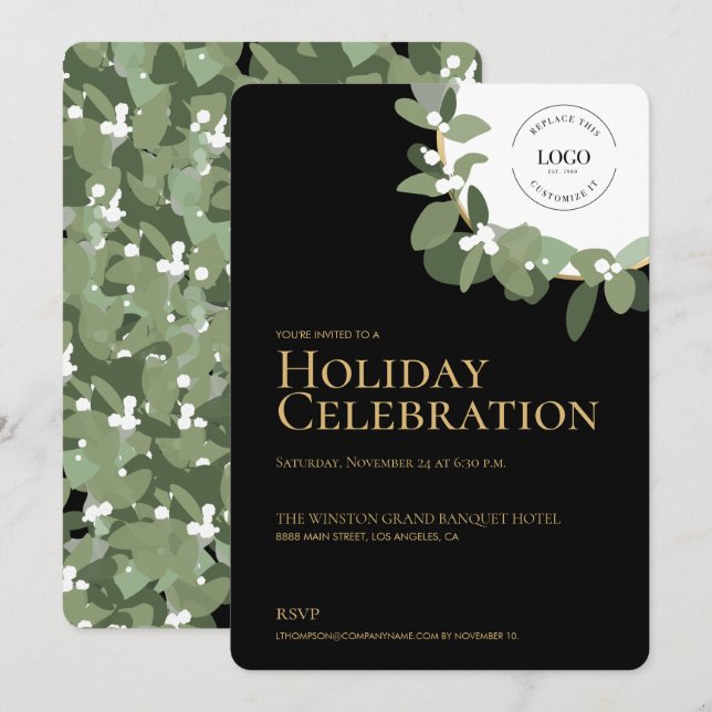 Modern Holiday Party Celebration Green Wreath gold Invitation (Front/Back)