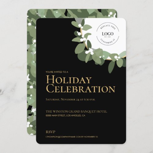 Modern Holiday Party Celebration Green Wreath gold Invitation