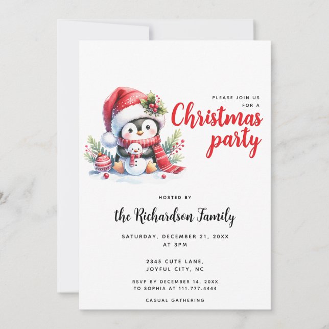 Modern Holiday Party Cute Penguin Christmas Invitation (Front)
