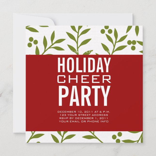 Modern Holiday Party Invitation Green Red Berries (Front)