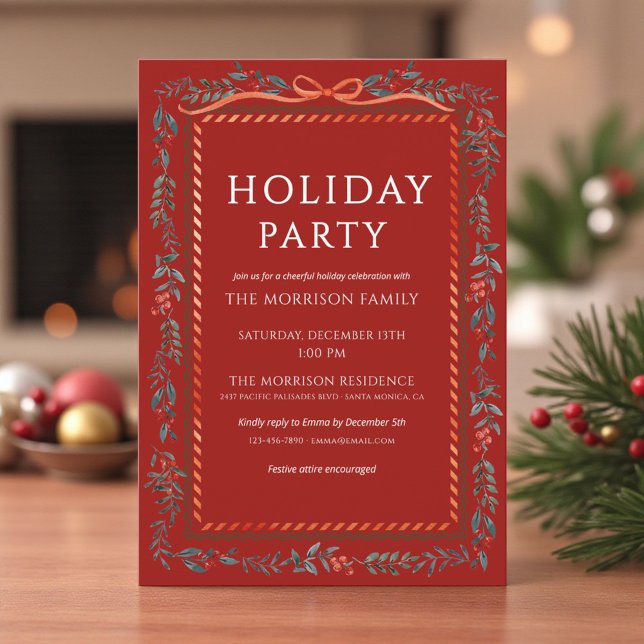 Modern Holiday Party Red Bow Festive Christmas Invitation (Creator Uploaded)