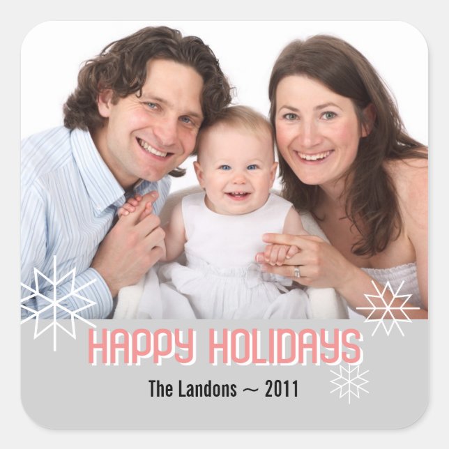 Modern holiday photo pink gray snowflake greeting square sticker (Front)