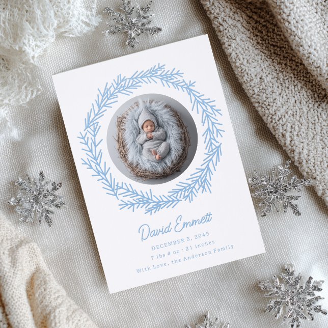 Modern Holiday Pine Wreath New Baby Birth Letterpress Photo Cards (Creator Uploaded)