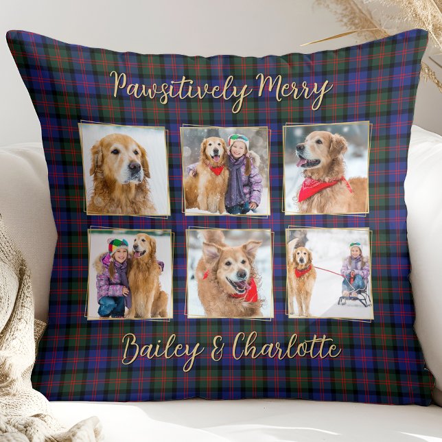 Modern Holiday Plaid Personalized Dog Pet Photo Throw Pillow (Creator Uploaded)