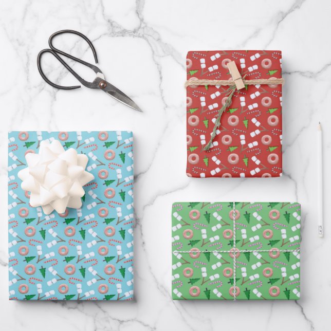 Modern Holiday Treat and Tree Patterns Christmas Wrapping Paper Sheets (Front)
