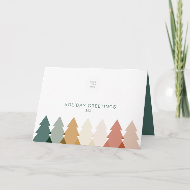 Modern Holiday Tree With Logo Folded Business  Card (Front)