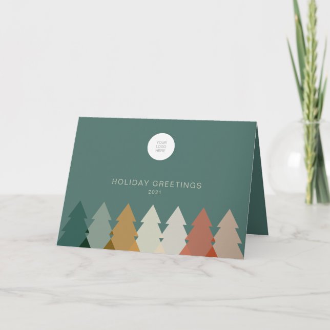 Modern Holiday Tree With Logo Folded Business  Card (Front)