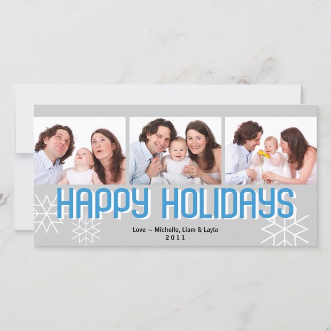 Modern holiday triptych blue gray happy holiday card (Front)