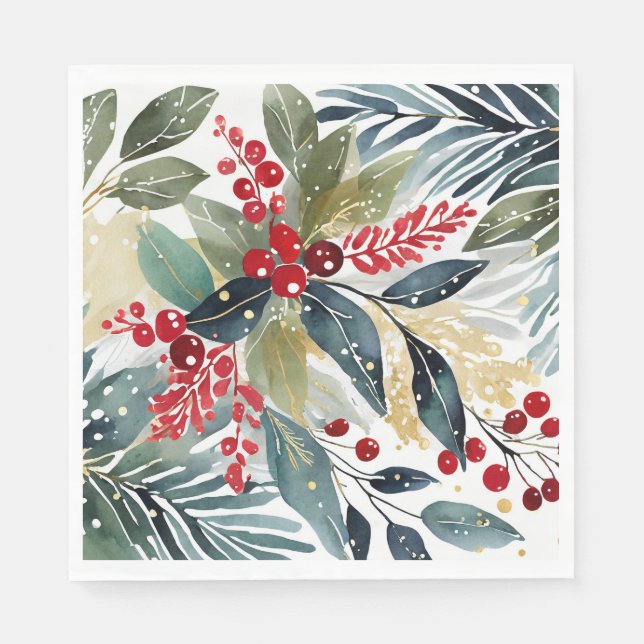 Modern Holiday Watercolor Floral Christmas Napkins (Front)