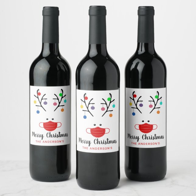 Modern Holiday Whimsical Masked Reindeer Christmas Wine Label (Bottles)