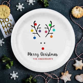Modern Holiday Whimsical Reindeer Christmas Paper Plates