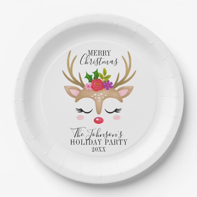 Modern Holiday Whimsical Reindeer Christmas Paper Plates (Front)