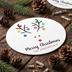 Modern Holiday Whimsical Reindeer Christmas Round Paper Coaster