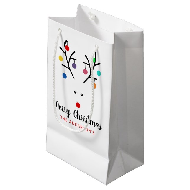 Modern Holiday Whimsical Reindeer Christmas Small Gift Bag (Front Angled)