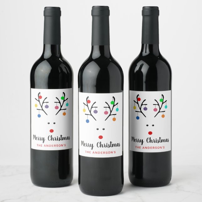 Modern Holiday Whimsical Reindeer Christmas Wine Label (Bottles)