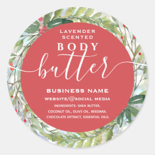 Modern holiday wreath script body butter label