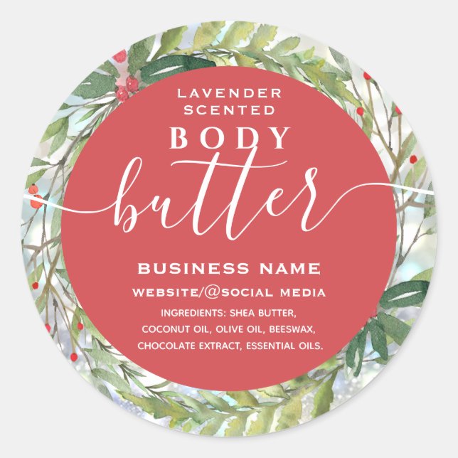 Modern holiday wreath script body butter label (Front)