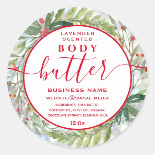 Modern holiday wreath script body butter label