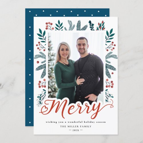 Modern Holly and Pine Merry Christmas Script Photo Holiday Card