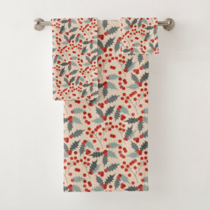 Modern Holly Berry Christmas Botanical Bath Towel Set