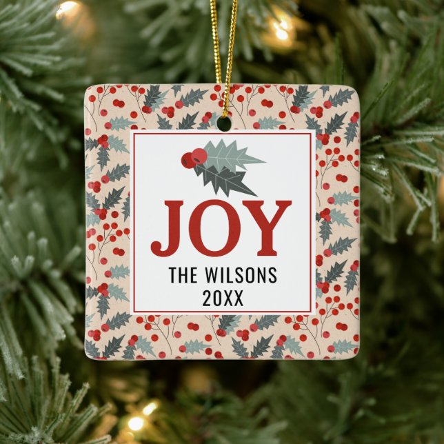 Modern Holly Berry Christmas Botanical Joy Family Ceramic Ornament (Tree)