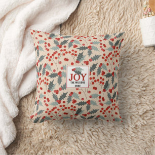 Modern Holly Berry Christmas Botanical Joy Family Throw Pillow