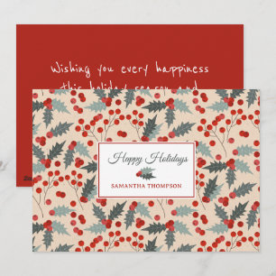 Modern Holly Berry Christmas Botanical Pattern Holiday Card