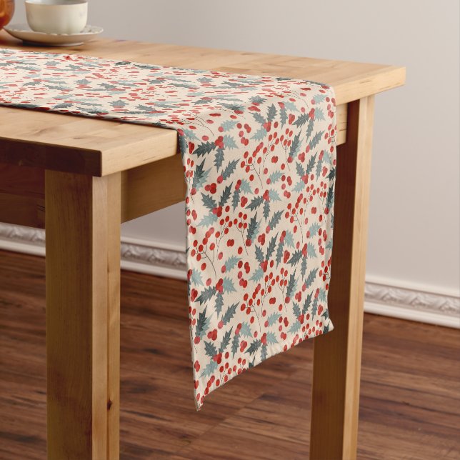 Modern Holly Berry Christmas Botanical Pattern Long Table Runner (In Situ)