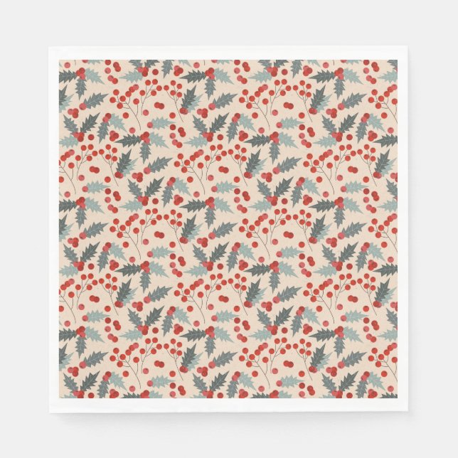 Modern Holly Berry Christmas Botanical Pattern Napkins (Front)